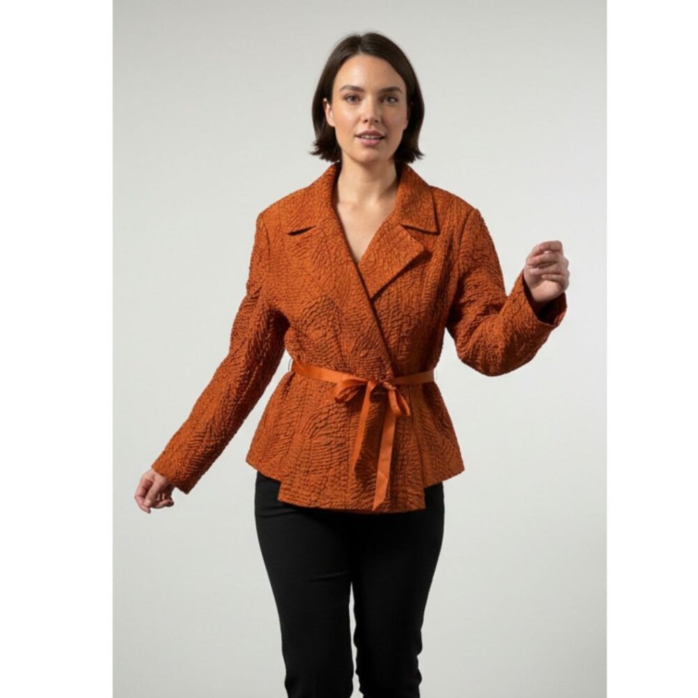 Paula Hian Long Sleeve Burnt Orange Crinkle Belted Short Blazer Women L NEW